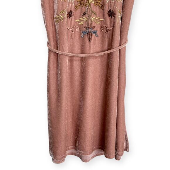 Mystree Pink Velour Mini Belted Shift Dress With Embroidered Flowers Women's L - Picture 4 of 9